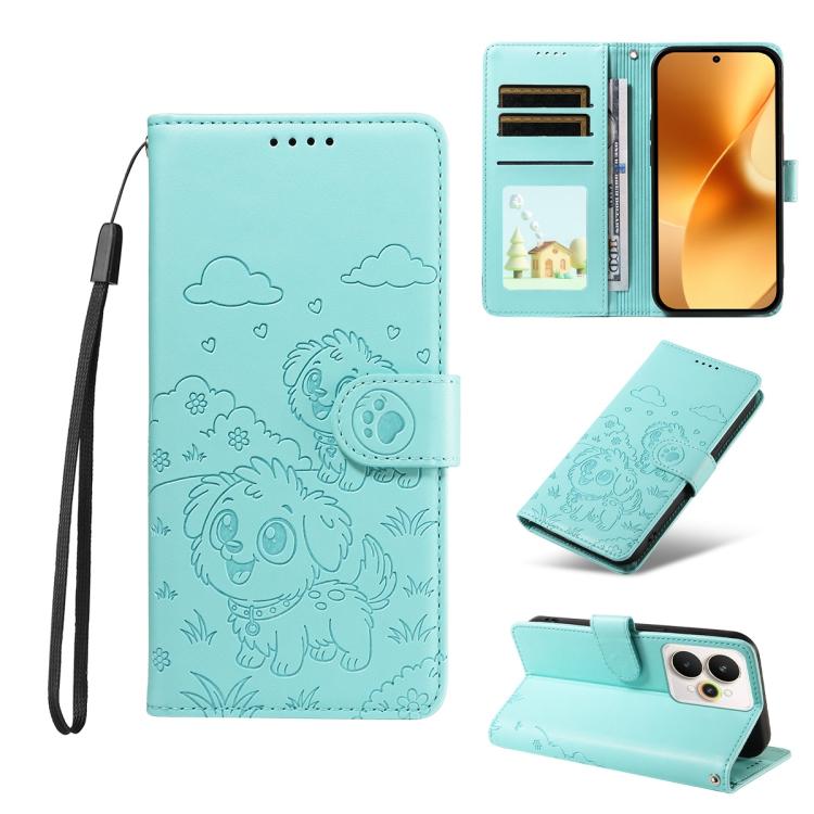 

For Realme 15 5G / 15 Pro 5G Global Embossed Heart Dog RFID Blocking Wallet Leather Phone Case(Green)