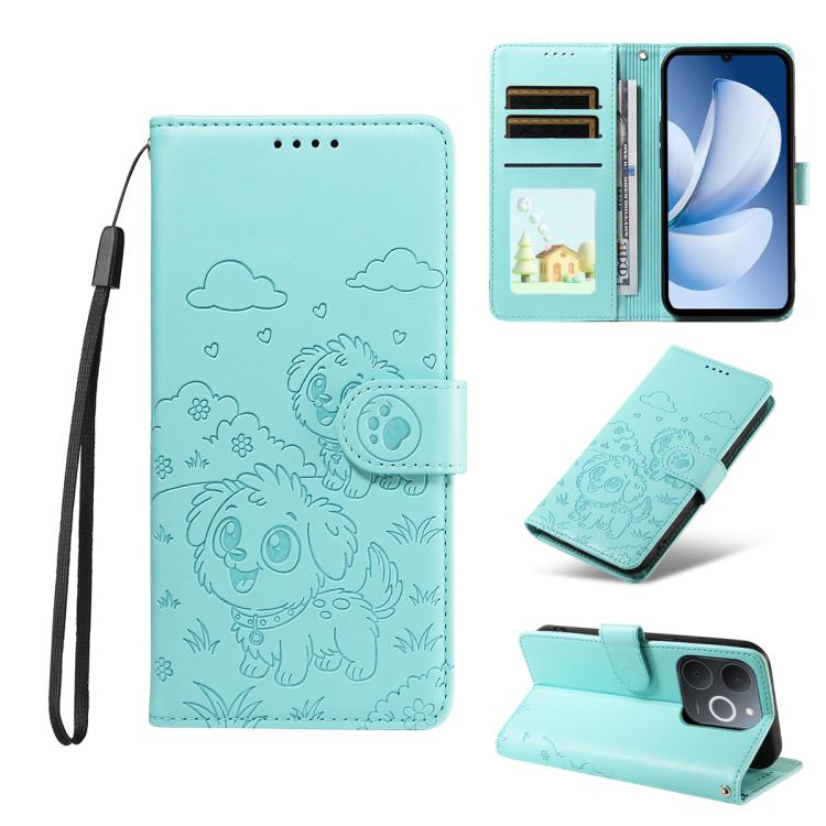

For Realme Narzo 80 Lite 4G / Note 70T Embossed Heart Dog RFID Blocking Wallet Leather Phone Case(Green)