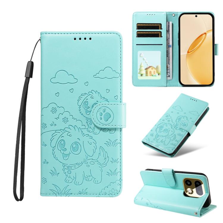 

For Realme 16 Pro+ 5G Global Embossed Heart Dog RFID Blocking Wallet Leather Phone Case(Green)