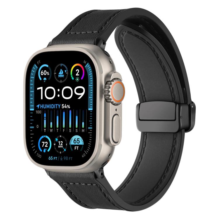 For Apple Watch 42 / 44 / 45 / 46 / 49mm xDfind Crazy Horse Pattern Silicone Skin Magnetic Buckle Watch Band(Black)