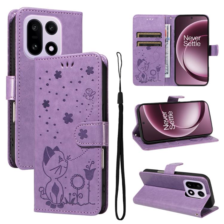 For OnePlus 15 Cat and Bee Embossed Flip Leather Phone Case(Purple)