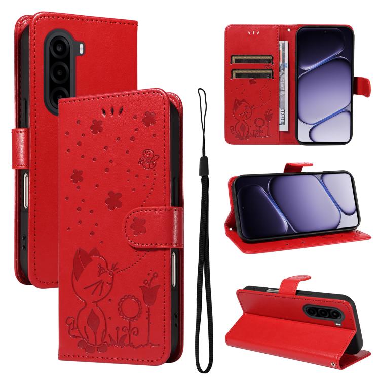 For OnePlus Nord CE6 Lite/Turbo 6X 5G Cat and Bee Embossed Flip Leather Phone Case(Red)