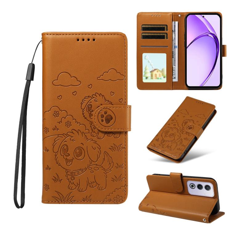 

For OPPO A3 Pro Global / A80 5G Embossed Heart Dog RFID Blocking Wallet Leather Phone Case(Brown)