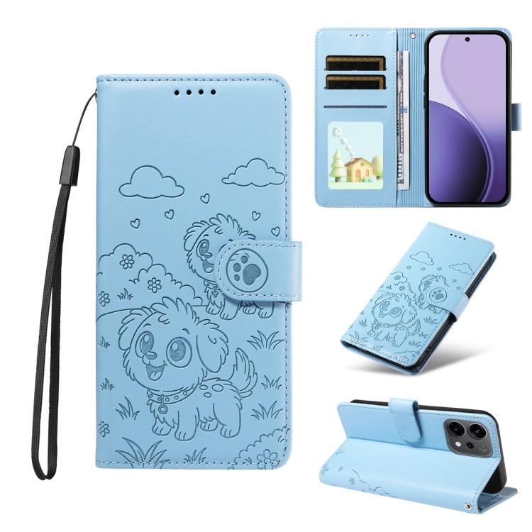 

For OPPO Reno14 5G /14 F Global Embossed Heart Dog RFID Blocking Wallet Leather Phone Case(Sky Blue)