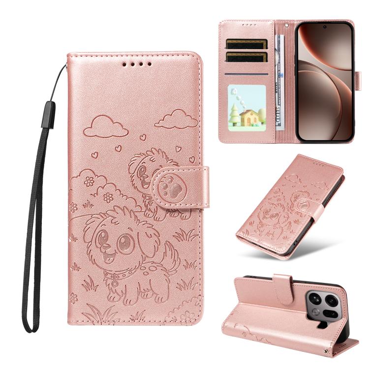 

For OPPO Find X9 Pro Embossed Heart Dog RFID Blocking Wallet Leather Phone Case(Rose Gold)