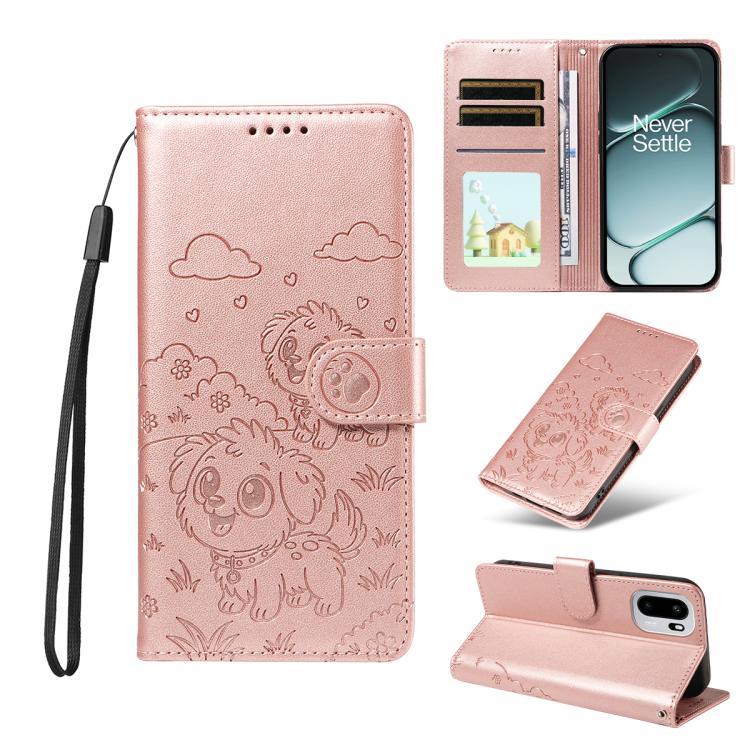 

For OnePlus Ace 6 / 15R Embossed Heart Dog RFID Blocking Wallet Leather Phone Case(Rose Gold)