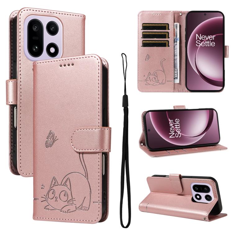 For OnePlus 15 Adorable Cat Embossed Pattern Flip Leather Phone Case(Rose Gold)