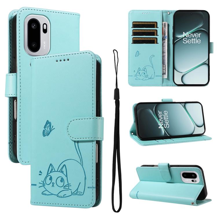 

For OnePlus Ace 6 Adorable Cat Embossed Pattern Flip Leather Phone Case(Green)
