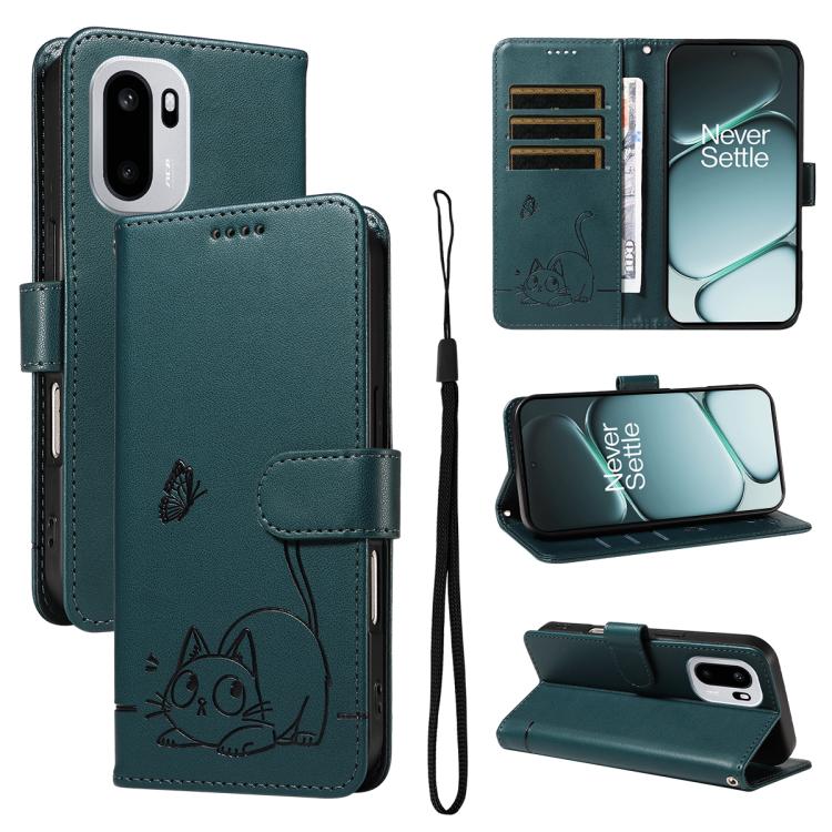 For OnePlus Ace 6 Adorable Cat Embossed Pattern Flip Leather Phone Case(Dark Green)