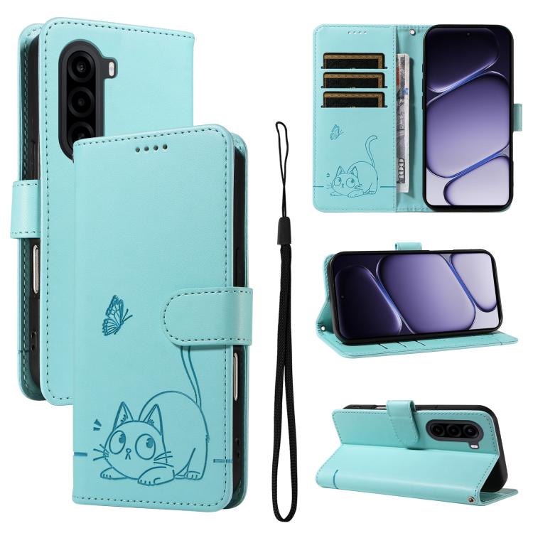 For OnePlus Nord CE6 Lite/Turbo 6X 5G Adorable Cat Embossed Pattern Flip Leather Phone Case(Green)