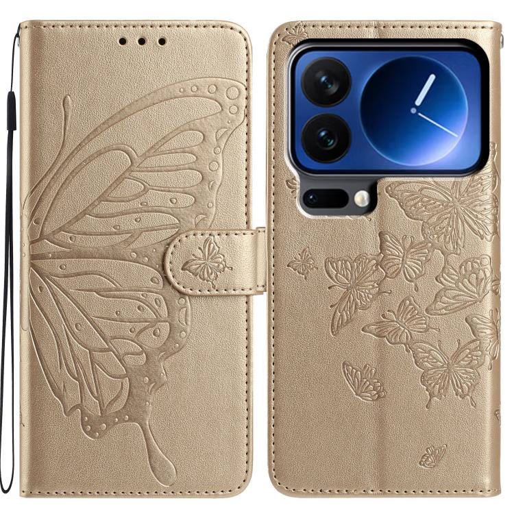 

For Xiaomi 17 Pro Butterfly Flutter Pattern Embossed Leather Phone Case(Gold)
