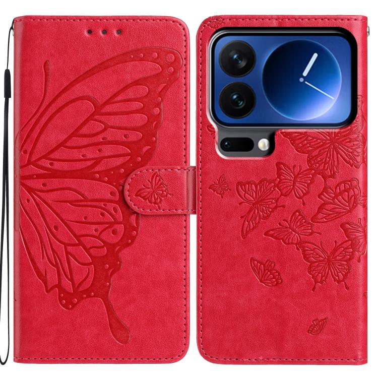 

For Xiaomi 17 Pro Butterfly Flutter Pattern Embossed Leather Phone Case(Red)