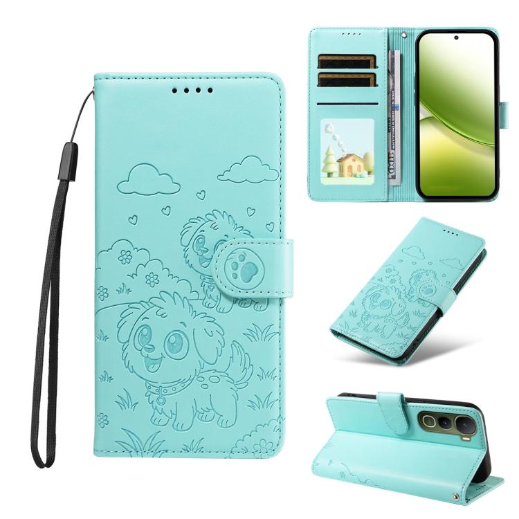 

For vivo Y400 5G Global Embossed Heart Dog RFID Blocking Wallet Leather Phone Case(Green)