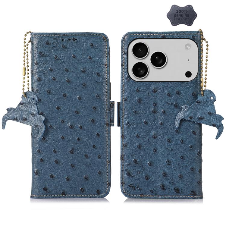 

For iPhone 17 Pro Ostrich Pattern Genuine Leather RFID Phone Case(Blue)