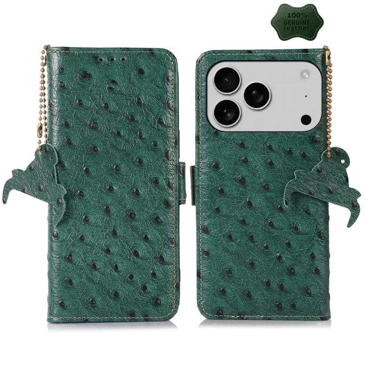 

For iPhone 17 Pro Max Ostrich Pattern Genuine Leather RFID Phone Case(Green)