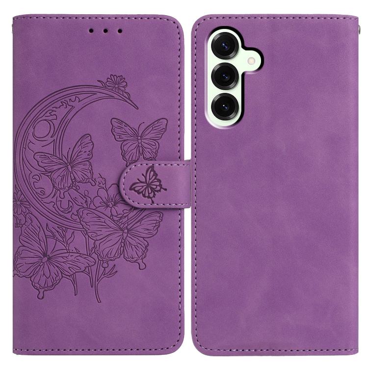 

For Samsung Galaxy M36 5G Moonlit Butterfly Dance Pattern Embossed Leather Phone Case(Purple)