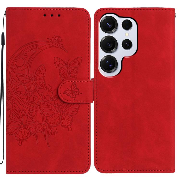 

For Samsung Galaxy S26 Ultra 5G Moonlit Butterfly Dance Pattern Embossed Leather Phone Case(Red)