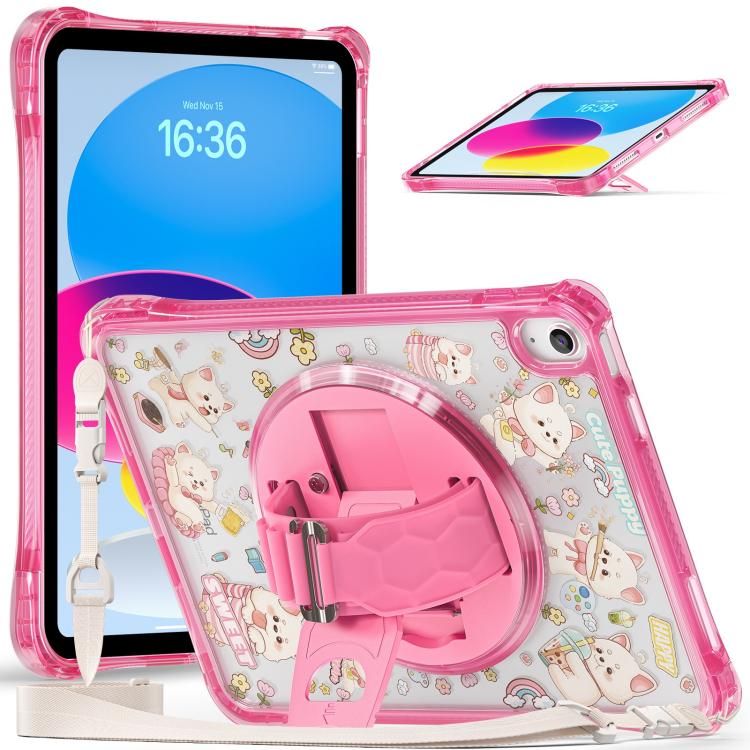 

For iPad 2025 / 2022 DIY Pattern Rotation Grip Holder Clear PC Hydric TPU Tablet Case with Shoulder Strap(Pink Dogs)