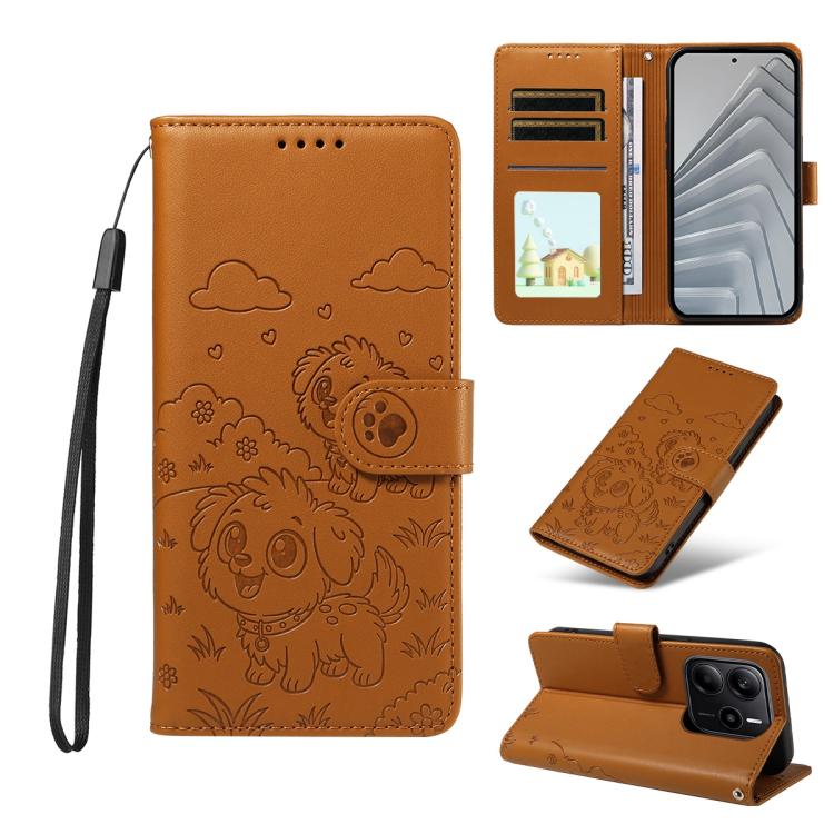 

For Redmi Note 14 4G 163.25mm Embossed Heart Dog RFID Blocking Wallet Leather Phone Case(Brown)
