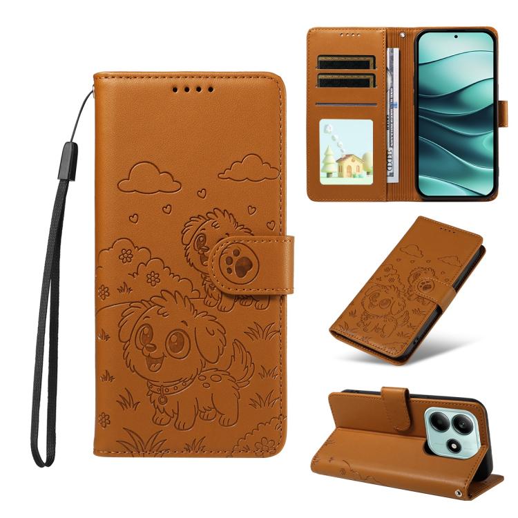

For Redmi Note 14 5G / Poco M7 Pro 5G Embossed Heart Dog RFID Blocking Wallet Leather Phone Case(Brown)