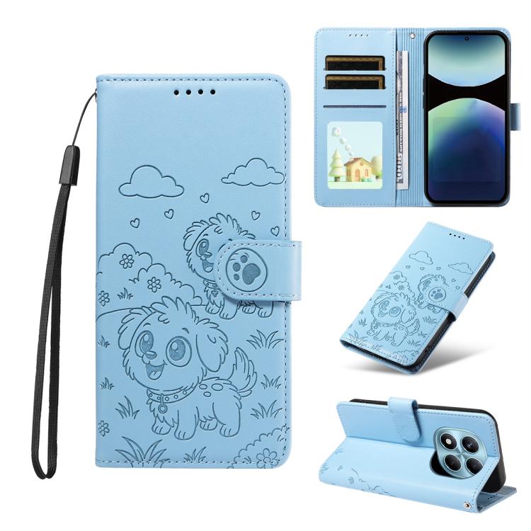 

For Redmi Note 14 Pro+ 5G / 14 Pro 4G Embossed Heart Dog RFID Blocking Wallet Leather Phone Case(Sky Blue)