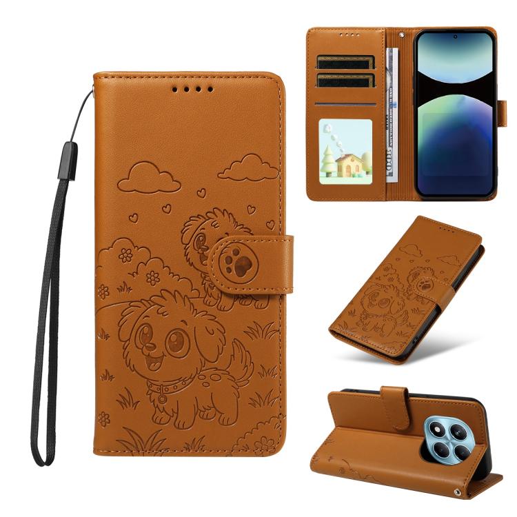 

For Redmi Note 14 Pro+ 5G / 14 Pro 4G Embossed Heart Dog RFID Blocking Wallet Leather Phone Case(Brown)