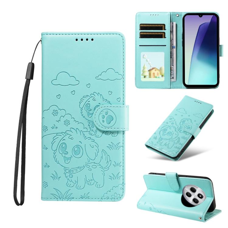 

For Redmi 14C 4G / 5G / 14R / A4 Embossed Heart Dog RFID Blocking Wallet Leather Phone Case(Green)