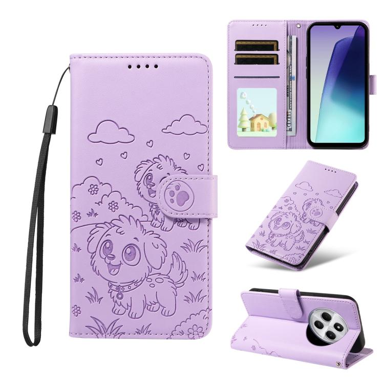 

For Redmi 14C 4G / 5G / 14R / A4 Embossed Heart Dog RFID Blocking Wallet Leather Phone Case(Purple)