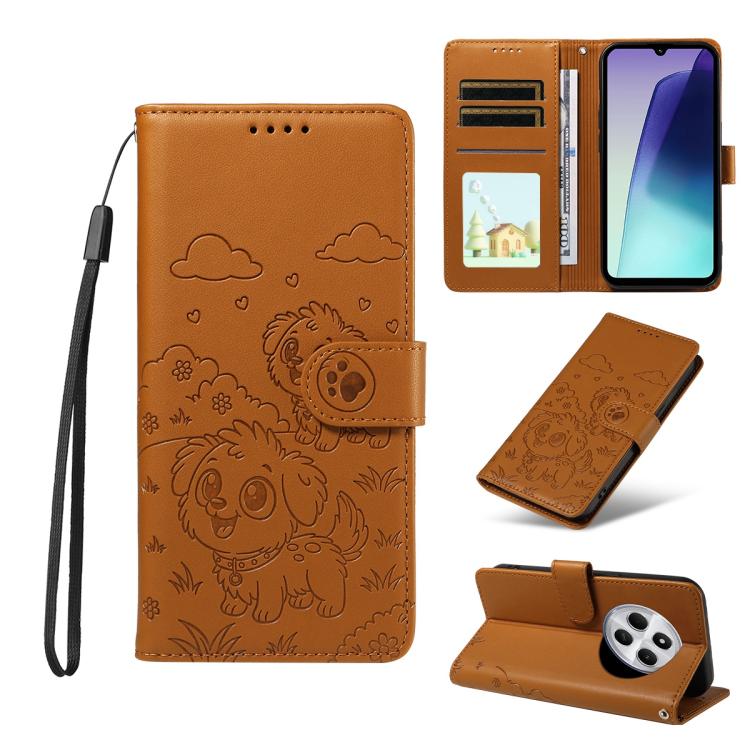 

For Redmi 14C 4G / 5G / 14R / A4 Embossed Heart Dog RFID Blocking Wallet Leather Phone Case(Brown)