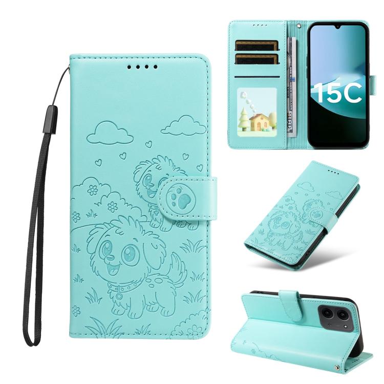 

For Redmi 15C Global 171.5mm / Poco C85 Embossed Heart Dog RFID Blocking Wallet Leather Phone Case(Green)