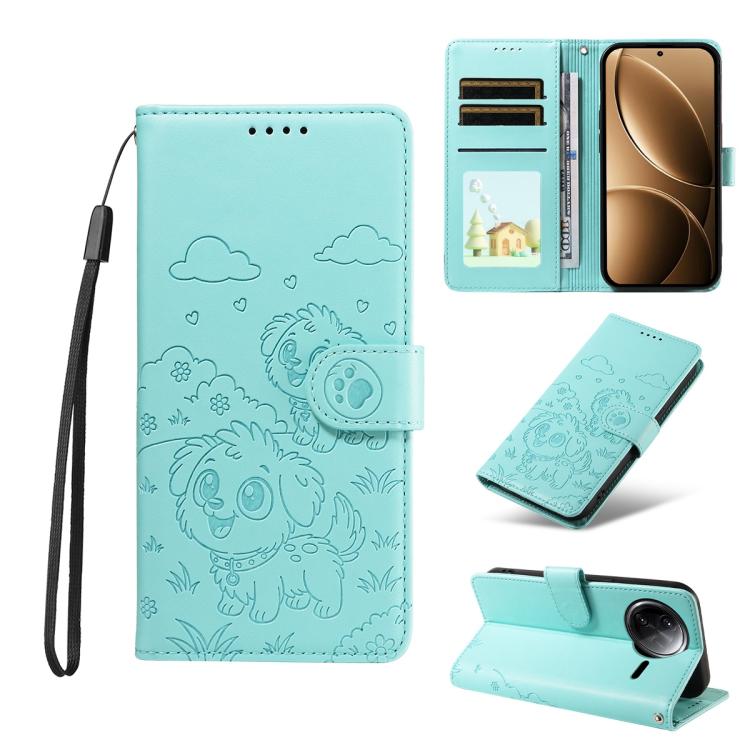 

For Redmi K80 Pro / Poco F7 Ultra Embossed Heart Dog RFID Blocking Wallet Leather Phone Case(Green)