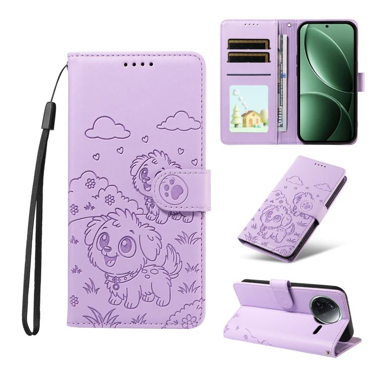 

For Redmi K80 / Poco F7 Pro Embossed Heart Dog RFID Blocking Wallet Leather Phone Case(Purple)