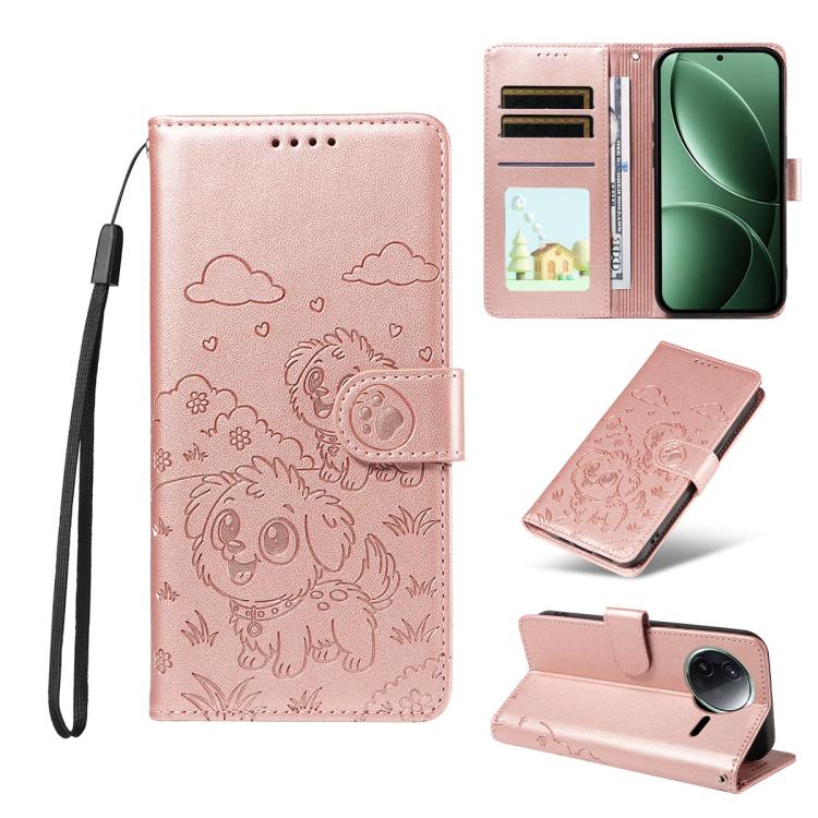 

For Redmi K80 / Poco F7 Pro Embossed Heart Dog RFID Blocking Wallet Leather Phone Case(Rose Gold)
