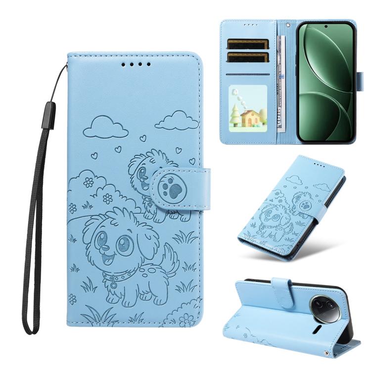 

For Redmi K80 / Poco F7 Pro Embossed Heart Dog RFID Blocking Wallet Leather Phone Case(Sky Blue)