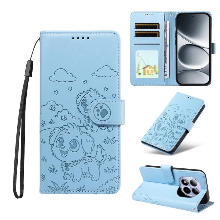 

For Redmi Note 15 Pro 5G Global 163.6mm Embossed Heart Dog RFID Blocking Wallet Leather Phone Case(Sky Blue)