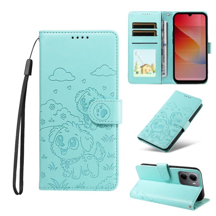 

For Redmi 15a Global Embossed Heart Dog RFID Blocking Wallet Leather Phone Case(Green)