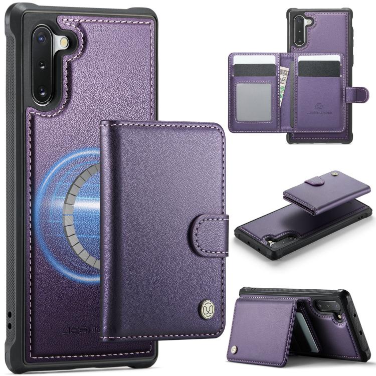 

For Samsung Galaxy Note10 JEEHOOD J09 Buckle Card Bag MagSafe Magnetic Style RFID Leather Phone Case(Purple)