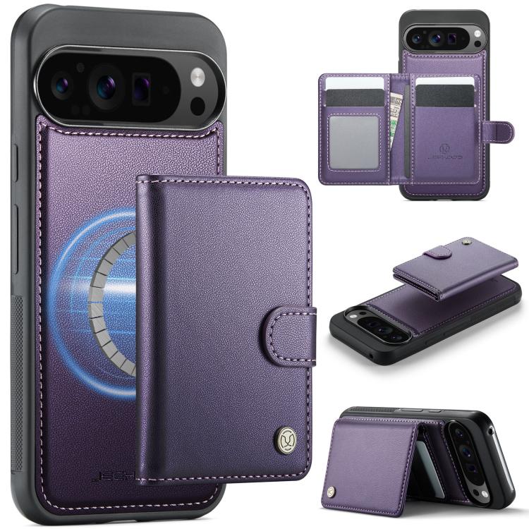 

For Google Pixel 9 Pro XL JEEHOOD J09 Buckle Card Bag MagSafe Magnetic Style RFID Leather Phone Case(Purple)