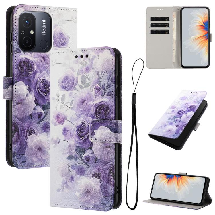 

For Redmi 11A 4G Global Color Drawing Pattern Leather Phone Case(Purple Rose)