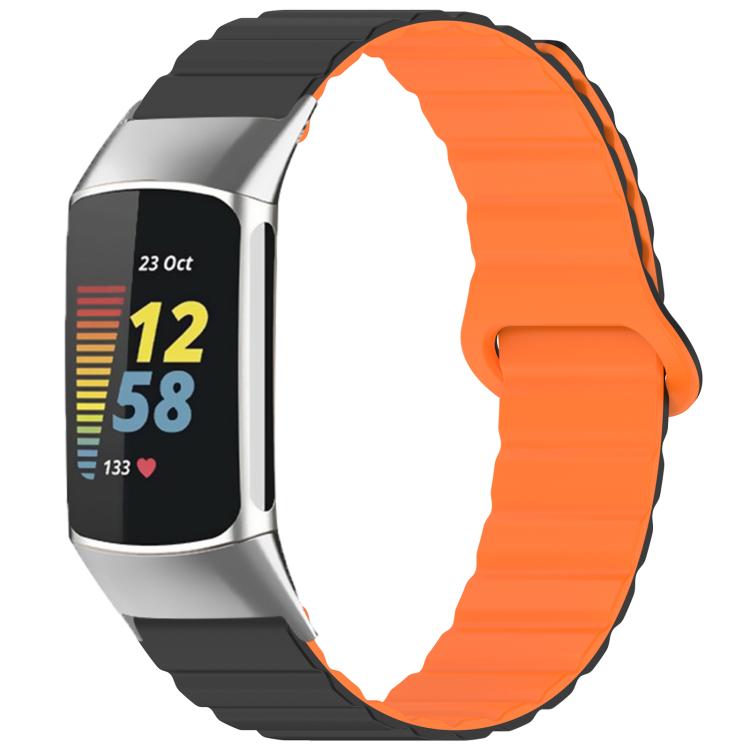 

For Fitbit Charge 6 / 5 xDfind Loop Magnetic Glossy Silicone Watch Band(Black Orange)