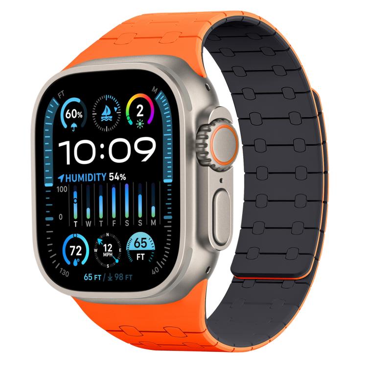 

For Apple Watch 42 / 44 / 45 / 46 / 49mm xDfind Contrasting Colors Magnetic Silicone Watch Band(Orange + Midnight)