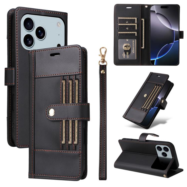 

For iPhone 17 Pro Max Six Card Slots Buckle Leather Phone Case with Lanyard(Black)