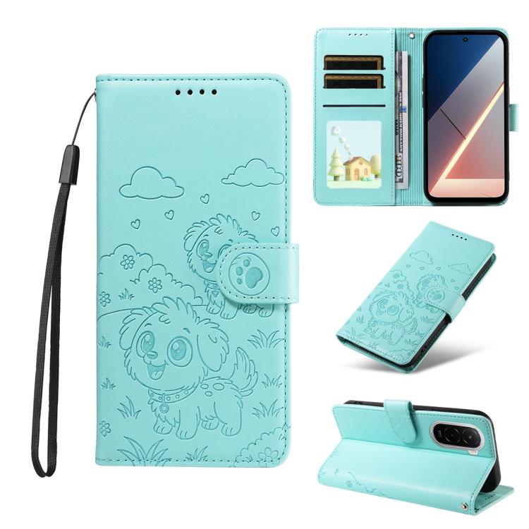 

For Xiaomi Poco M7 4G 169mm Embossed Heart Dog RFID Blocking Wallet Leather Phone Case(Green)