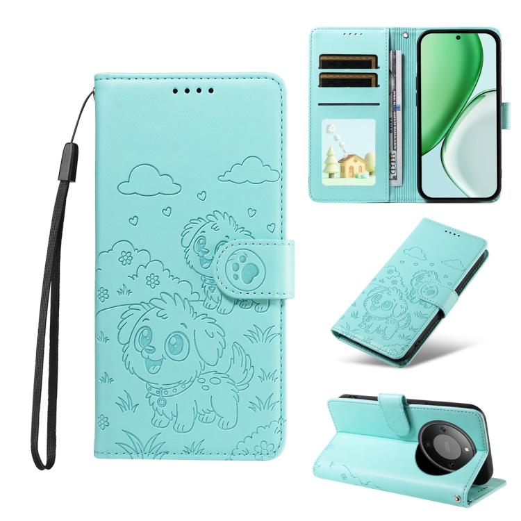 

For Honor X70 5G Embossed Heart Dog RFID Blocking Wallet Leather Phone Case(Green)