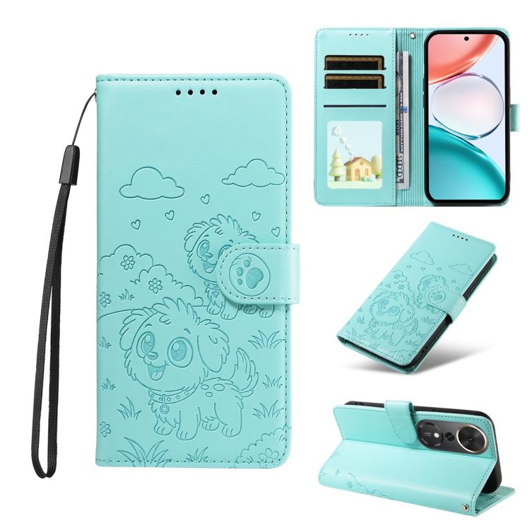 

For Honor Play 70 Plus Embossed Heart Dog RFID Blocking Wallet Leather Phone Case(Green)
