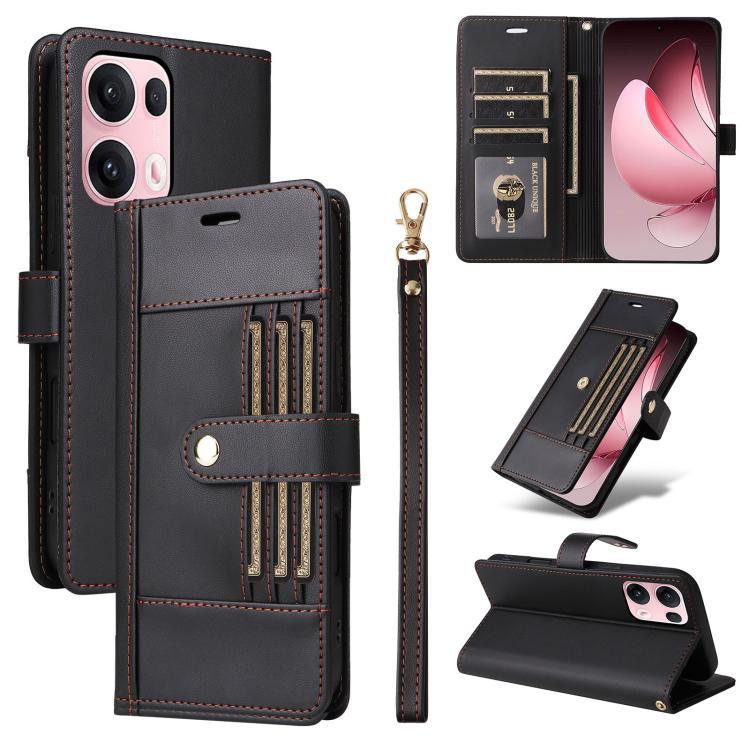 

For OPPO Reno13 Pro / Reno14 Pro Global Six Card Slots Buckle Leather Phone Case with Lanyard(Black)
