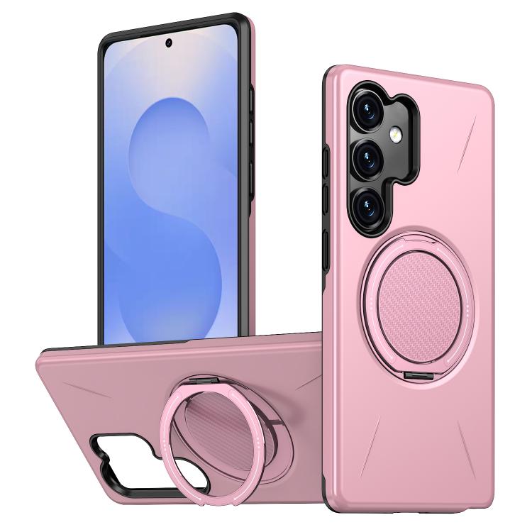 

For Samsung Galaxy S25+ 5G Metal Rotation Holder MagSafe TPU Hybrid PC Phone Case(Pink)