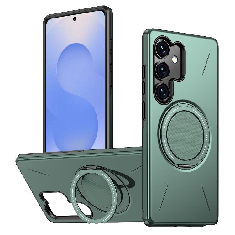 

For Samsung Galaxy S25+ 5G Metal Rotation Holder MagSafe TPU Hybrid PC Phone Case(Grey Green)