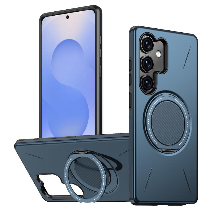 

For Samsung Galaxy S25 5G Metal Rotation Holder MagSafe TPU Hybrid PC Phone Case(Navy Blue)