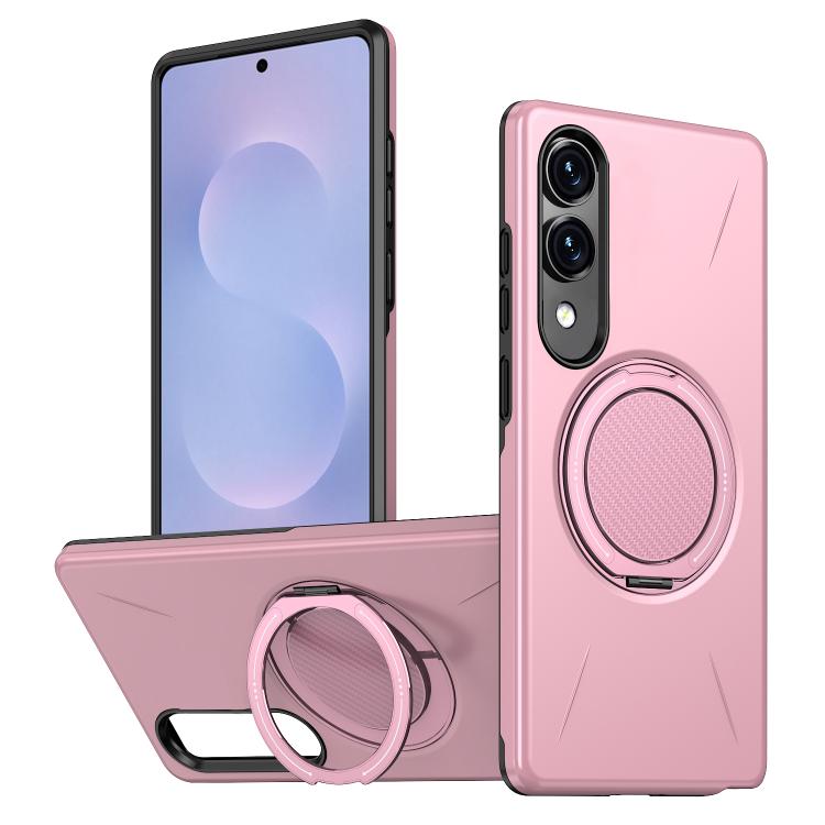 

For Samsung Galaxy S25 Edge 5G Metal Rotation Holder MagSafe TPU Hybrid PC Phone Case(Pink)